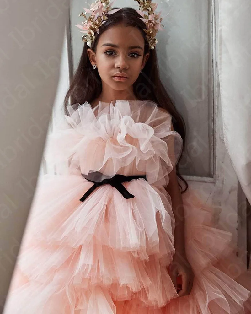 Peach Flower Princess Girls vestido de baile, Vestidos de festa infantis, curto frente longa volta formal, saia em camadas, mais recente, 2023