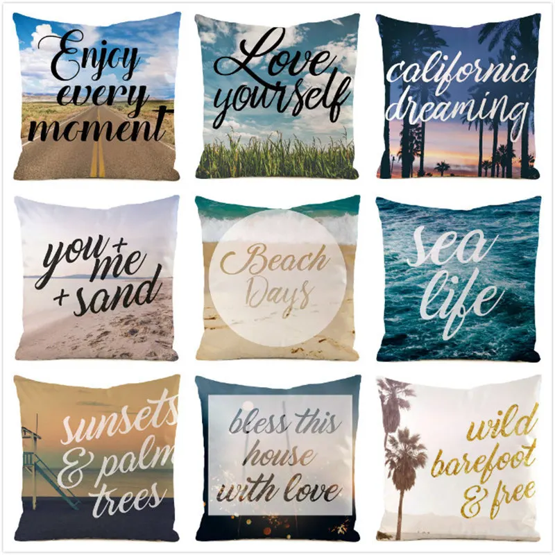 

Home Decor Landscape Letter Printed Cushion Covers 45x45cm Ocean Beach Road Pattern Pillowcase PLA Cool Fiber Pillow Covers