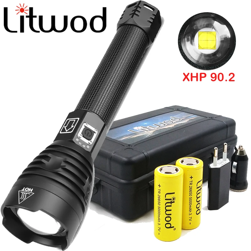 Litwod led flashlight XHP90 Flashlight power 26650 18650 battery powerful Tactical Flash Light Torch for Outdoor Hunting light