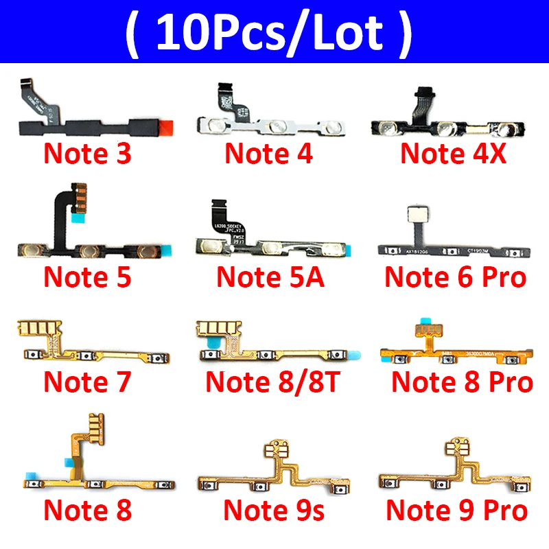 10Pcs/Lot，Power Switch On/Off Button Volume control Key Button Flex Cable For Xiaomi Redmi Note 4 4X 5 5A 7 8 9 9A 9S 10 Pro