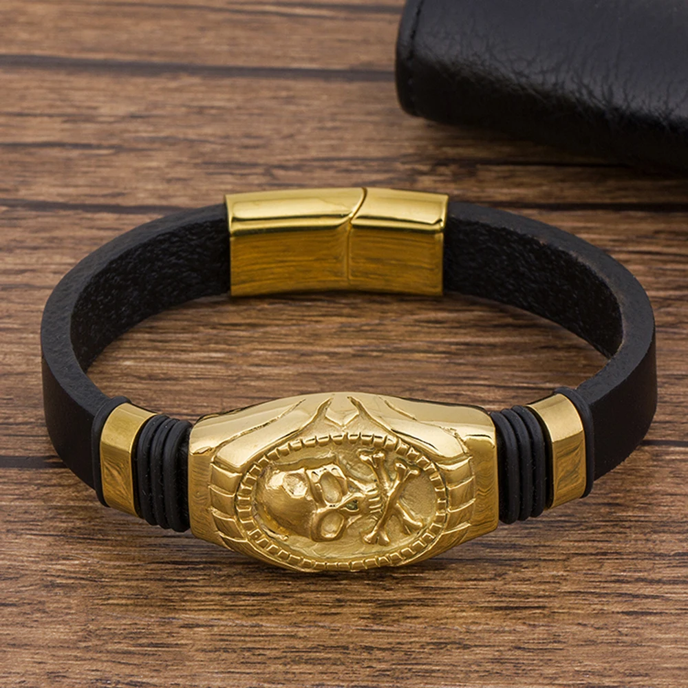 TYO Fashion Charm Stainless Steel Magnet Braided Rope Leather Men Bracelet Skull Rock Bangle Vintage Retro Hip Hop Jewelry