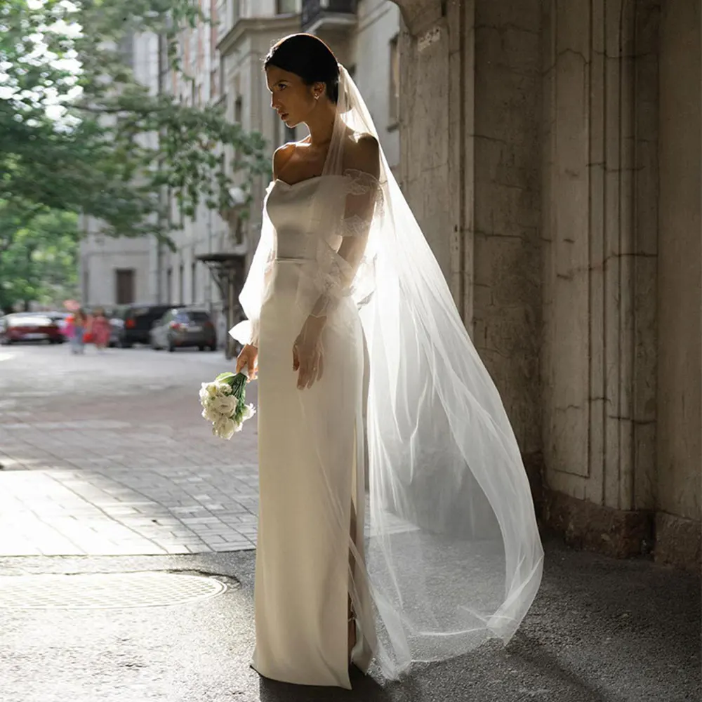 Vestidos de Novia elegantes con hombros descubiertos, mangas completas, Apliques de encaje, vestidos de Novia con abertura lateral, ilusión, largo hasta el suelo