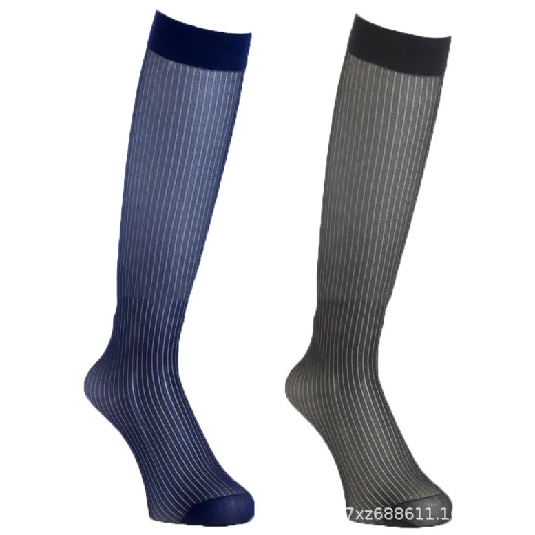 Male Tube Socks Business Men Sheer Stripe Silk Socks Breathable Transparent Male Thin Black Blue Solid Color Sexy Long Man Stock