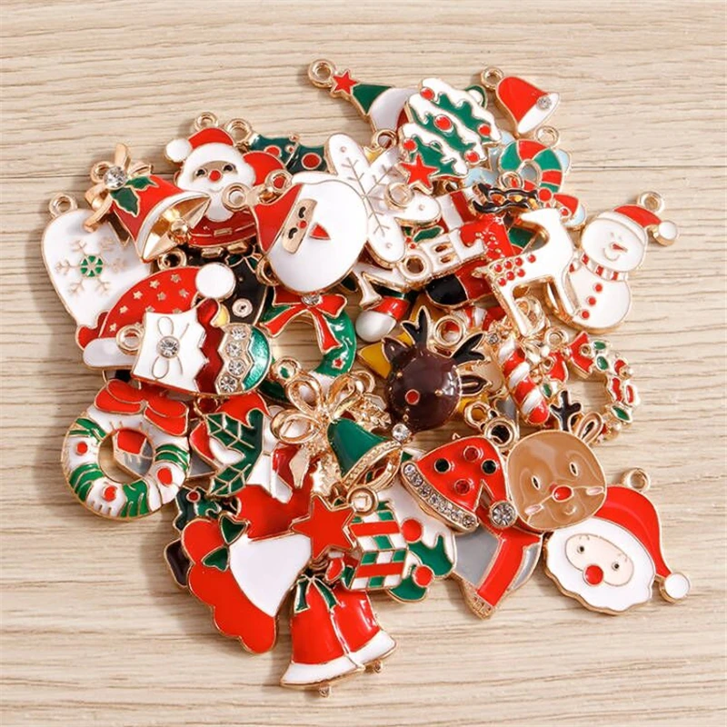 10pcs Cute Enamel Christmas Charms for Jewelry Making Santa Claus Tree Deer Bell Glove Snowflake Pendants for Necklaces Earrings