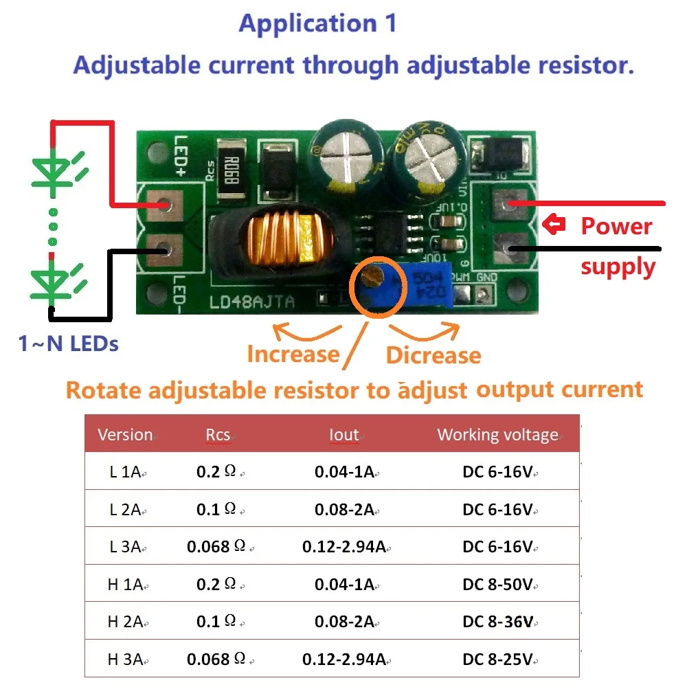 5X LD48AJTA/B 72W DC 6-50V 1-3A Adjustable LED Driver PWM Controller DC-DC Step-down Constant Current Converter