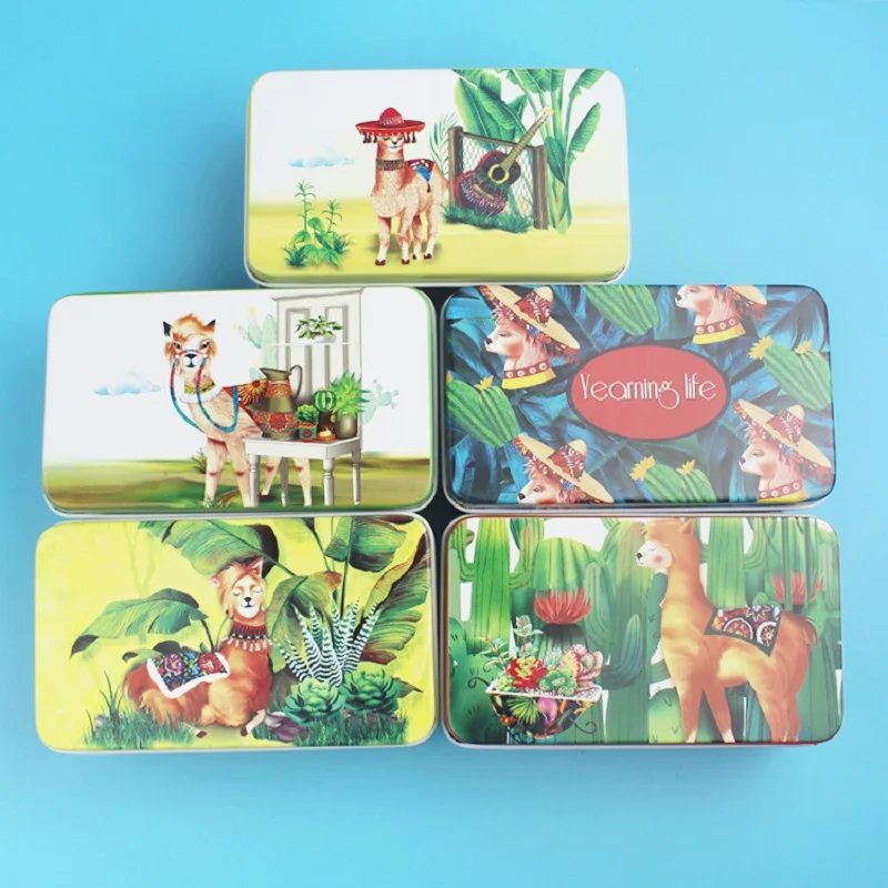 1PC New Vintage Flower Rectangular 11.5 x 7 x 4cm Candy Tin Box With Lid Cartoon Animal Unicorn Cotton/Swab/Jewelry Storage Box