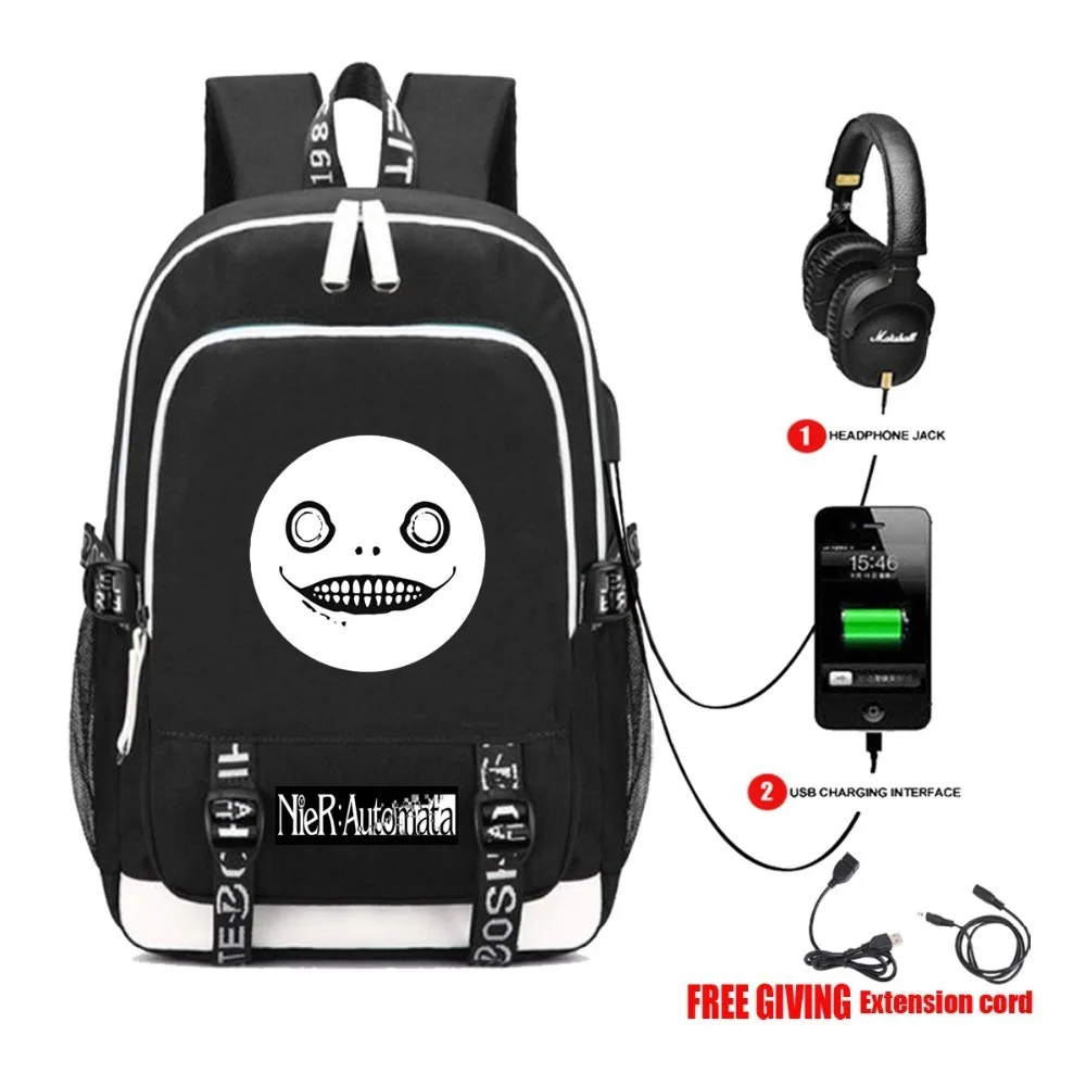 USB شحن سماعة جاك الطلاب bookbag الرجال حقيبة كتفية للسفر على ظهره لعبة NieR: autoata YoRHa 2B ظهره 4 style