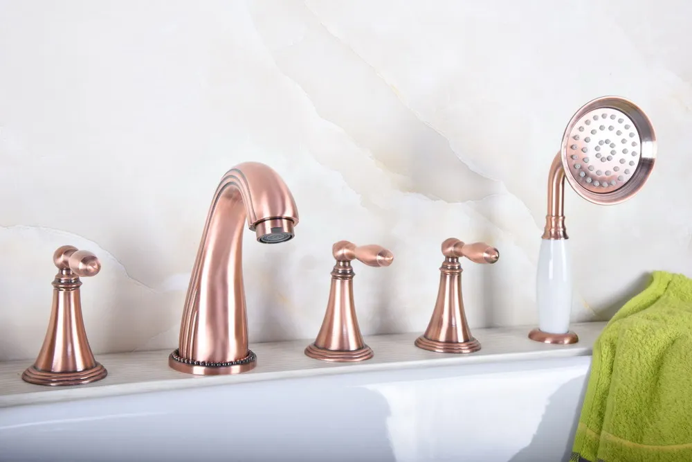 

Antique Red Copper Five Hole Deck Mounted Bathroom Tub Faucet Set with 150CM Handheld Spray Shower Mixer Tap 2tf197