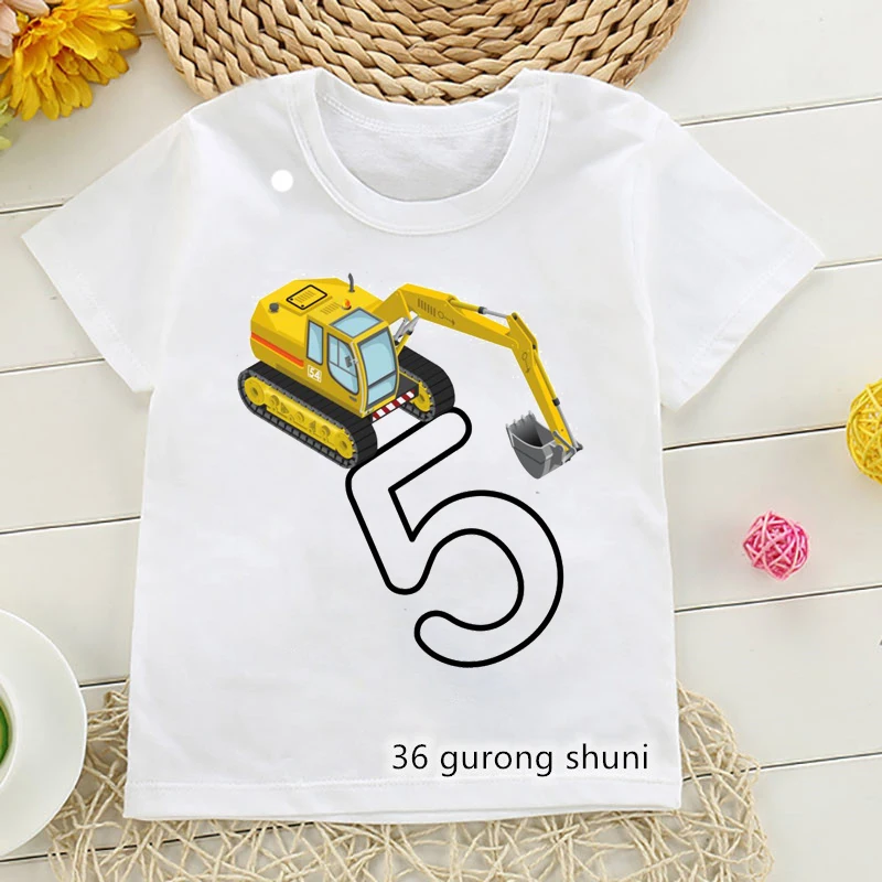 Newly Boys T Shirt Funny Excavator And Unicorn Cartoon Print 3 To 9 Years Old Birthday Party Costume Kawaii Girls Tshirt Tops