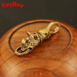 Copper Rhinoceros Head Car Keychain Pendant Waist Buckle Hanging Jewelry Brass Rhino Key Chain Ring DIY Keyring Accessories Gift