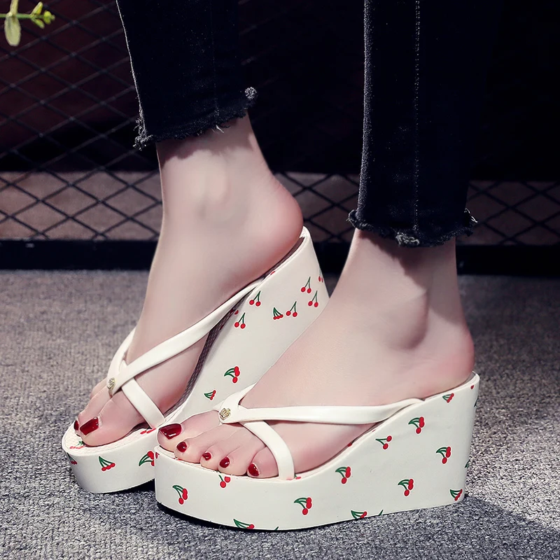 High Quality Fashion Large Size High-Heeled 8cm Women Flip Flops Bow Beach Shoes Vacation High-Quality Brand Slippers Girl