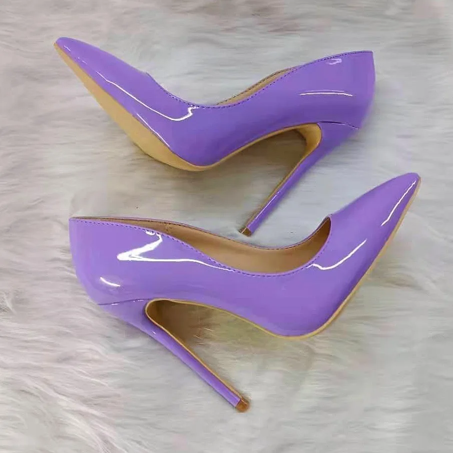 Romatic Lilac Patent Leather Pumps Women Stiletto Heels Banquet Dress Shoes taro purple Low Cut Female High Heel