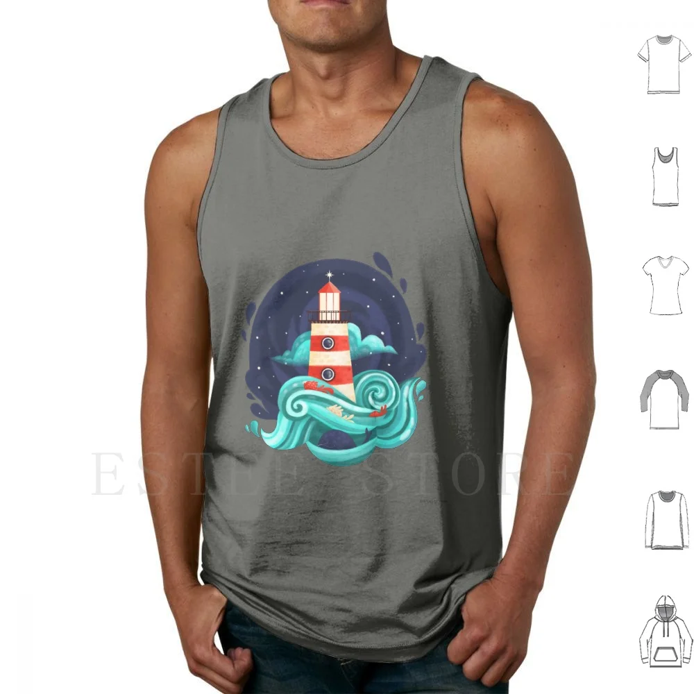 Lighthouse And The Sea Tank Tops Vest Sleeveless Lighthouse Sea Whale Fish Blue White Red Stars Space