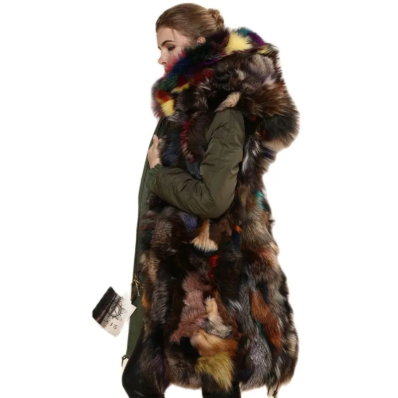 Brown Colorful Fox Fur Parka,Long Style Fashion Winter Fox Fur Mrs Jacket For Ladies Fox Fur Outwear Mulitcolor Mr Fur Parka