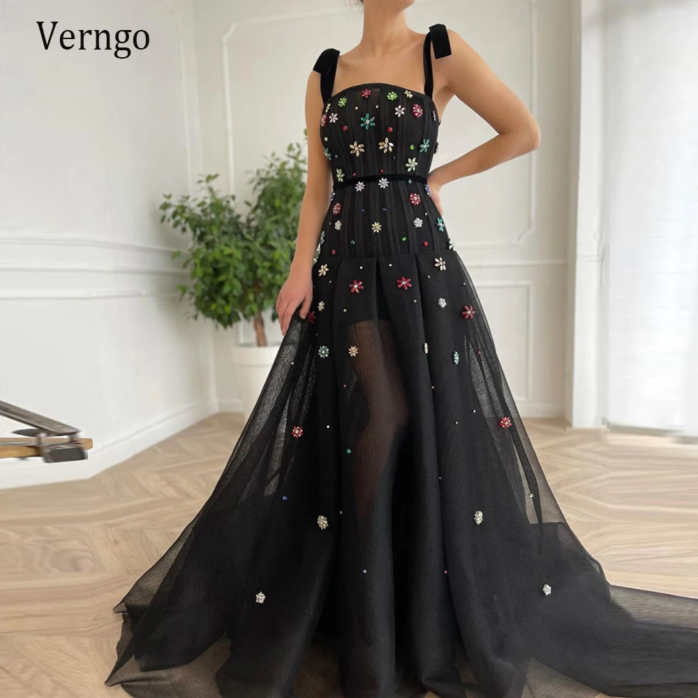 

Verngo Black A Line Long Prom Dresses Straps Velvet Sash Colorful Flowers Crsyal Tulle Fitted Corset Prom Gowns robes de soirée