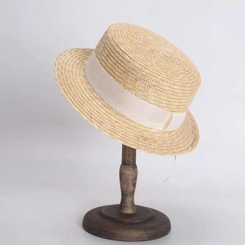 Unisex Boater Straw Hat made of Wheat Straw Flat Top Hat