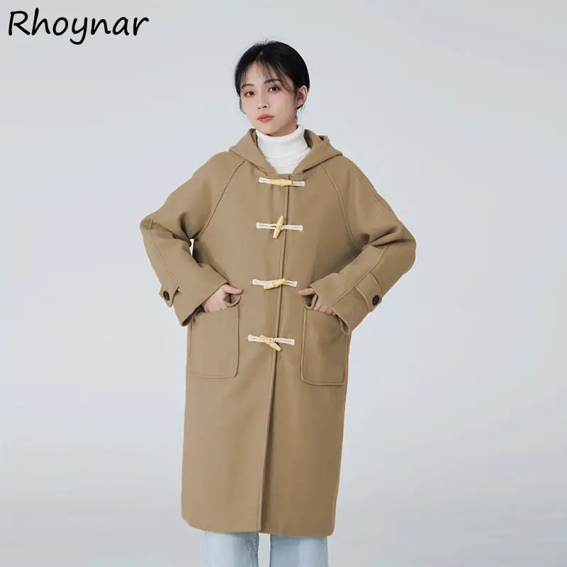 Blends Women Thicken Hooded Horn Button Solid A-line Winter New Arrival Basic All-match Preppy Warm Breathe Daily Fashion Ins