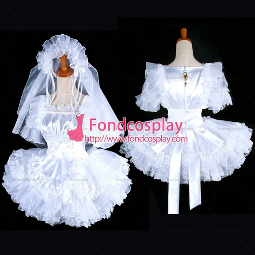 Fondcosplay 성인 섹시 크로스 드레싱 시시 메이드 짧은 잠금 흰색 새틴 웨딩 헤드 피스 드레스 앞치마 재단사-made [G1596]  Best5