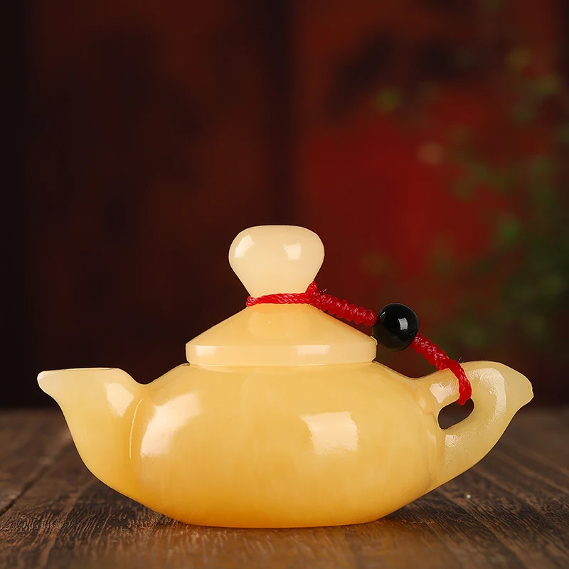 Natural yellow Jade Ice Seed Handle Hu Teapot Small Ornaments Piece Tea Set Teapot