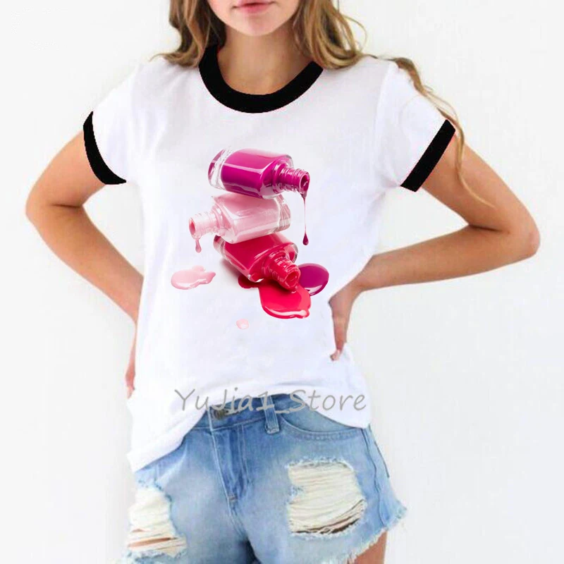 Summer 2024 Female T-Shirt Harajuku Kawaii Watercolor Nail Polish Print T Shirt Women White Ringer Tee Shirt Custom Tshirt