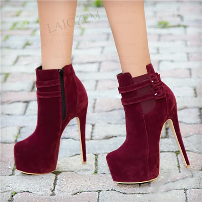 SEIIHEM Women Ankle Platform Boots Faux Suede Zip Up Thin High Heels Booties Party Unisex Shoes Woman Large Size 42 44 50 52