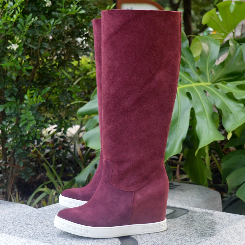 Fashion Maroon Red Suede Knee Boots Two Wear 8CM hidden inner heel Woman Shoes Thick Sole Slip On Foldover Bottine Real Photos