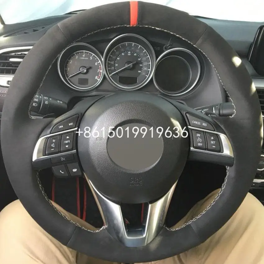 

For Mazda CX-5 CX-3 Black Suede Car Steering Wheel Cover DIY Hand-stitched Car Interior Case