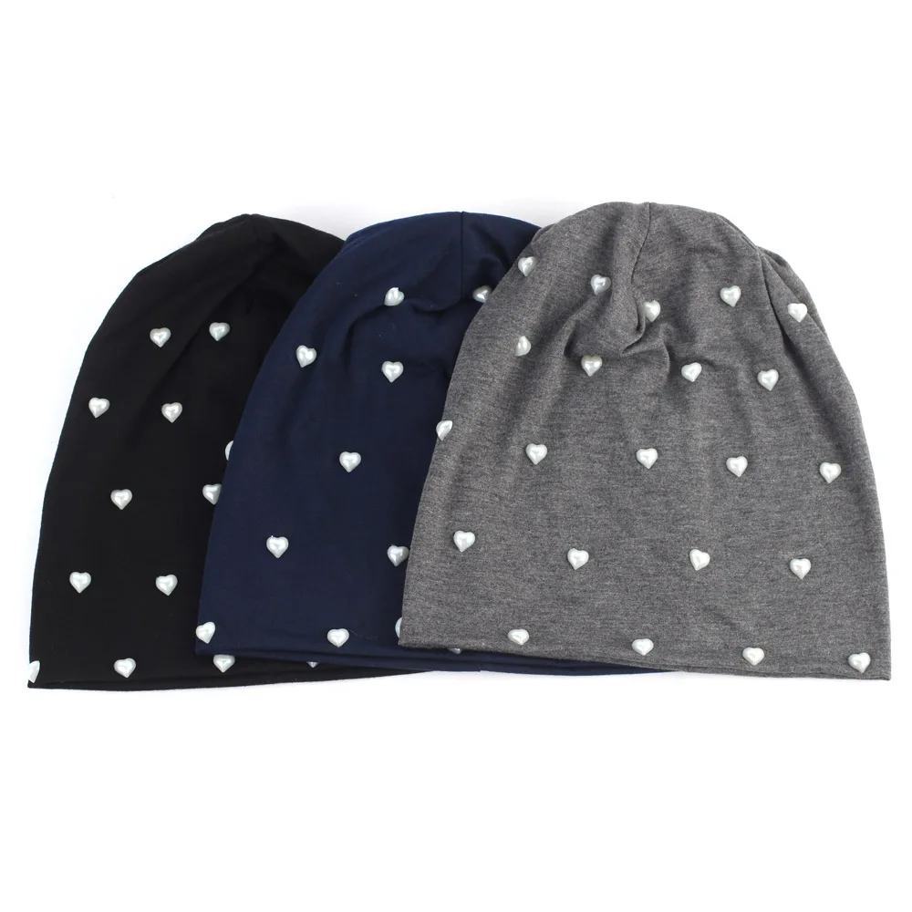 Women Casual DIY White Heart Pearl Beanie Fashion Warm Windproof Skullies Beanies Soft Outdoor Ski Outdoor Sports Hat Cap