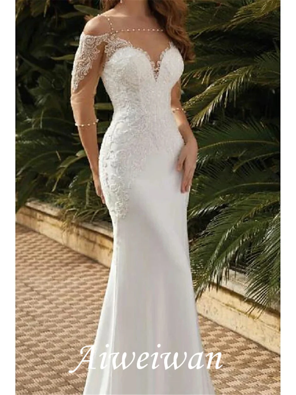 Robe de mariée trompette, col carré, balayage/brosse, traîne, dentelle, Satin, Tulle, demi-manches, Sexy, transparente avec broderie de perles, 2021