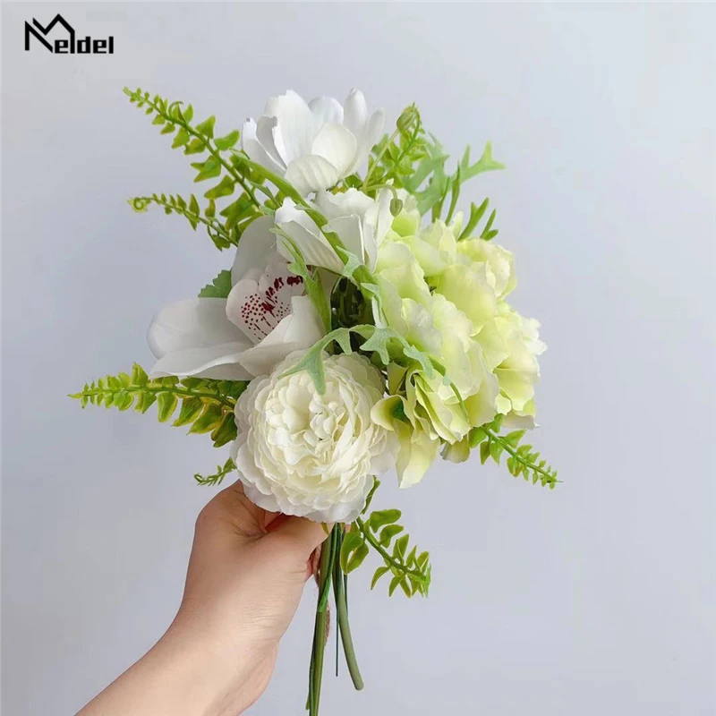 Meldel White Bouquet Flower Artificial Rose Orchid Hydrangea Bridal Flower Bouquet Sims Azalea Camellia Wedding Flowers Bundle