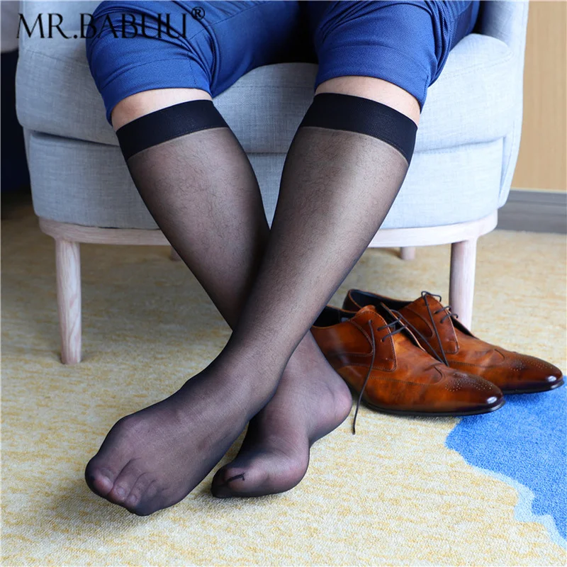 Black thin transparent middle tube solid color double-layer Luokou European and American business suits Japanese men\'s stockings