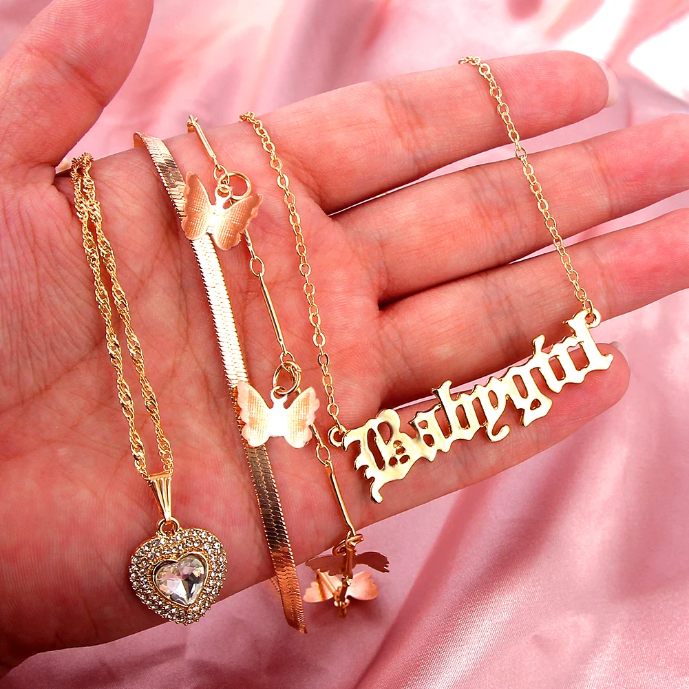 4Pcs Gold Color Multilayer Necklace Jewelry Butterfly Letter Crystal Heart Pendants Choker Chain Trendy Boho New Necklace Gifts