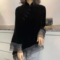 2023 new chinese style traditional top black golden velvet improved cheongsam top lace design women graceful qipao collar blouse