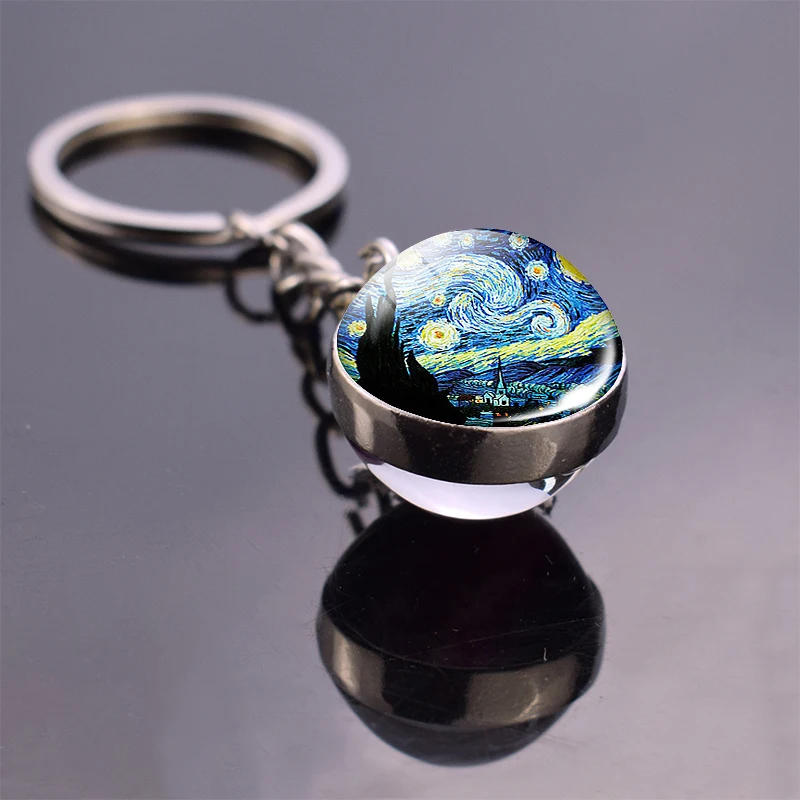 Van Gogh Oil Painting Starry Night Glass Ball Key Chain Key Rings Van Gogh Sunflowers Irises Almond Jewelry Art Keychain Keyfob