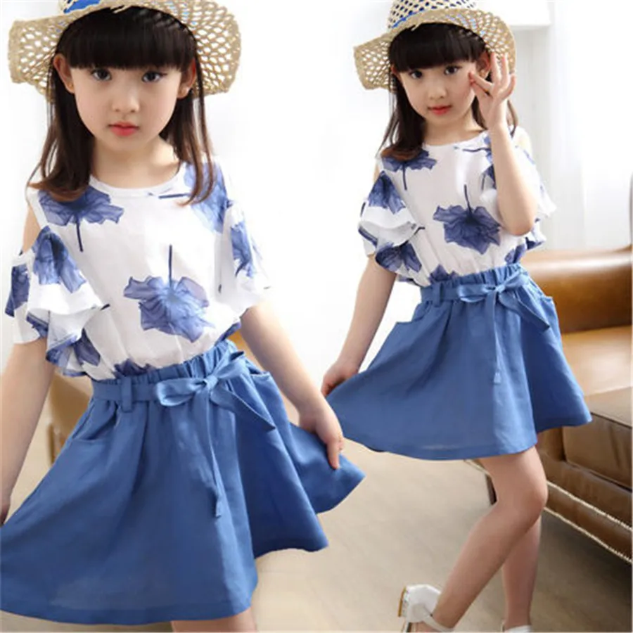 Girl Clothes Sets Summer Child Baby off shoulder T shirt+Bow Short Pants 2pcs Kids Outfits Set 8 9 10 12 Years