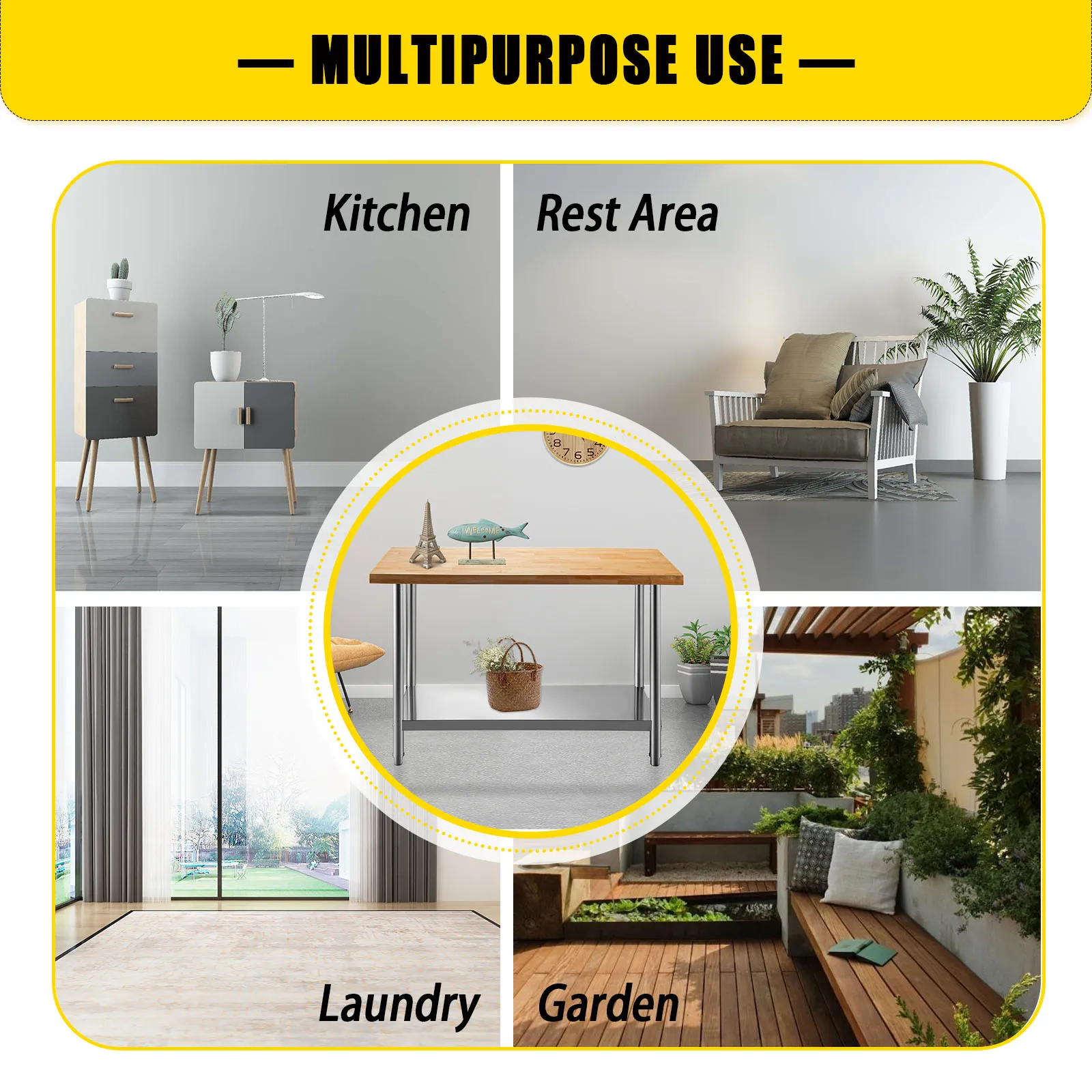 VEVOR Work Table With Shelf & Hooks Stainless Steel Maple Wood Load Capacity 937LBS/425KG for Storing Object, Chopping Vegetable