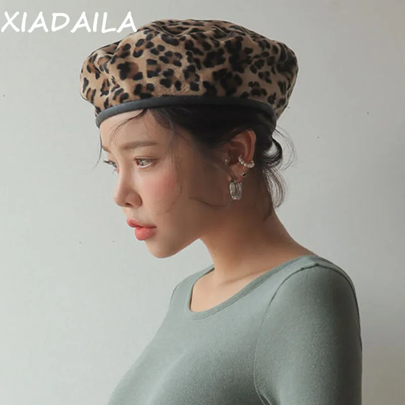 Leopard Beret Female Autumn Winter Hats For Women Vintage Painter Flat Cap Boina Feminina Fashion PU Leather Brim Beanie