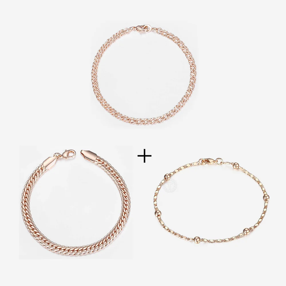 3pcs/Set Bracelets For Women 585 Rose Gold Color Link Chain Bracelet Girls Fashion Jewelry Gifts Wedding New CB03CB11CB02