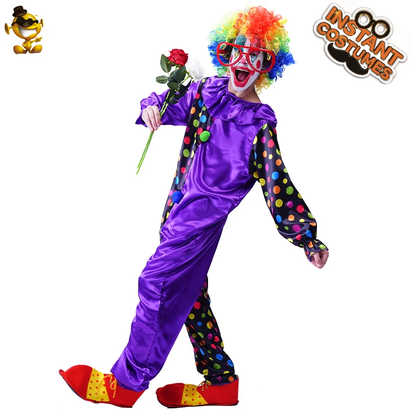 Halloween Mens Cosplay Circus Rainbow Clown Costume  Purple  Point Jumpsuit For Unisex Adult Dress Up Funny Party