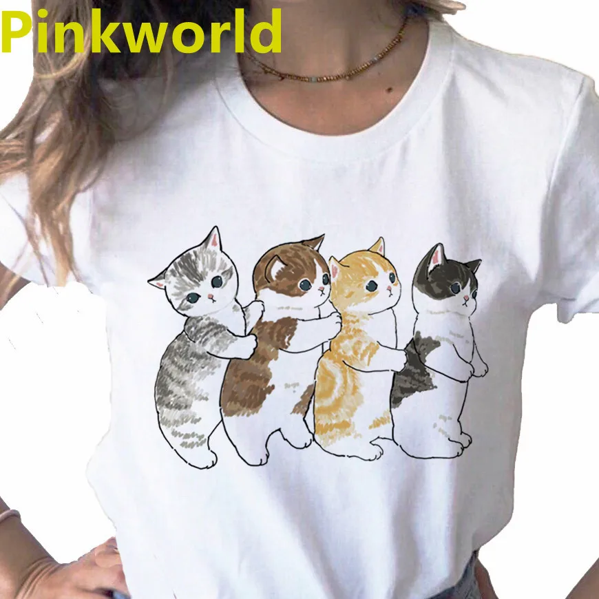 Summer New Fashion Funny Cat Cartoon print ladies T-shirt ladie casual basis O-collar white shirt short sleeve T-shirt,Drop Ship