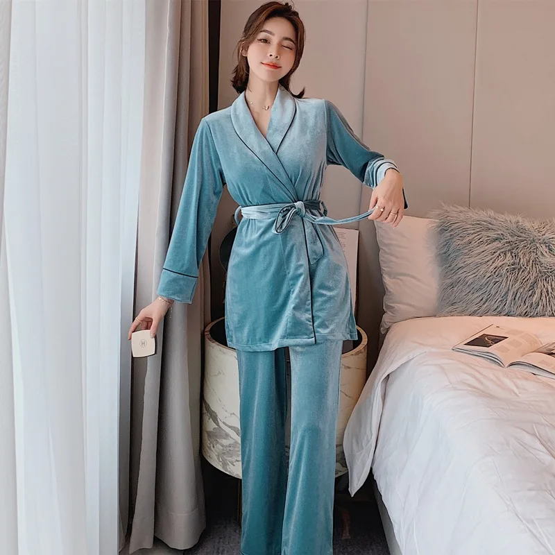 Velvet Pajamas Set Women Sexy Pyjama Long Sleeve Shirt Pants  Homewear Gold Velour Belt Sleepwear 2Piece/Set