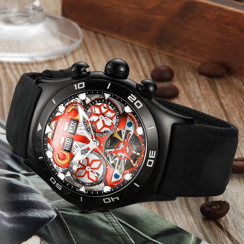 Reef Tiger/RT Mens Sport Watches Hands Skeleton Dial Year Month Day Watch Luminous Black Steel Case Automatic Mechanical Watch