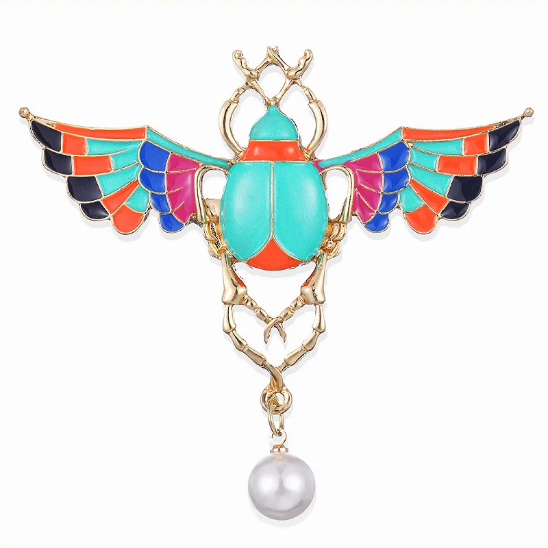 New Wing Beetle Pearl Pendant Brooches for Women Suit Men Badge Green Insect Enamel Pin Jewelry Clothing Accessories 151