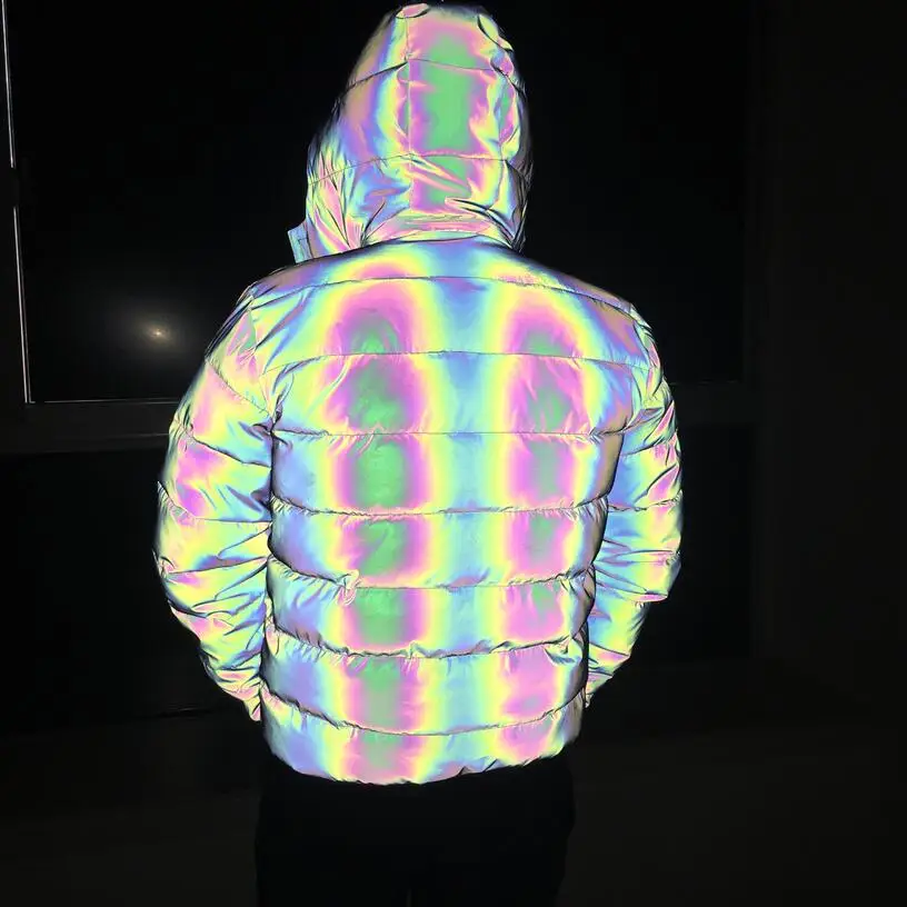 Men rainbow color reflective jacket winter coat parka women shiny