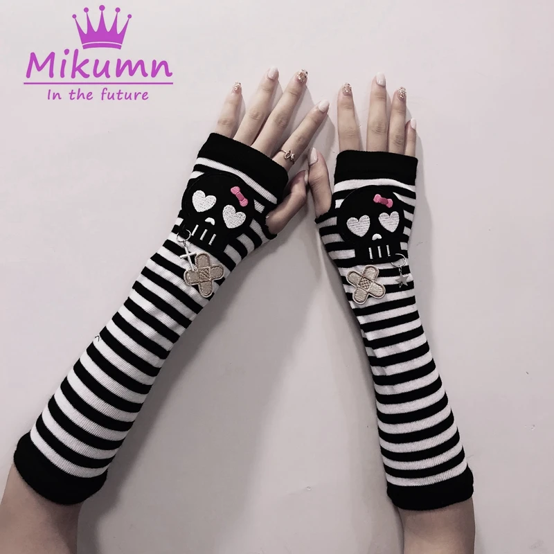 Harajuku Y2k Punk Women Long Fingerless Gloves Gothic Fashion Skull Striped Long Arm Gloves Warmer Knitted Mittens