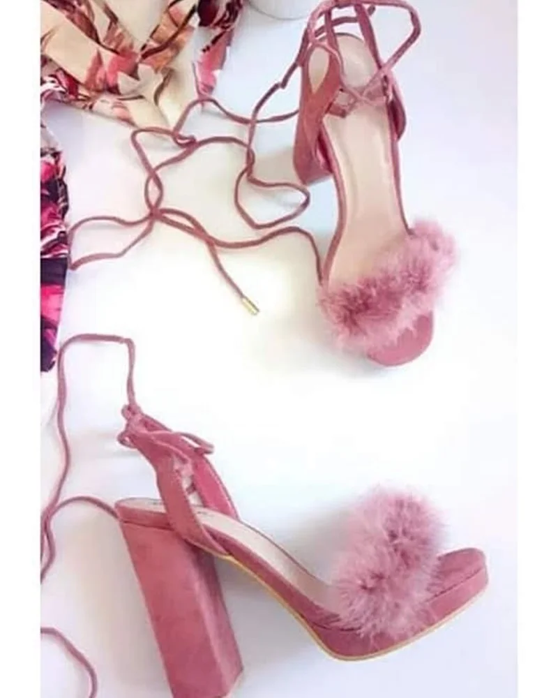 Choudory Pink Lake Blue Sweet Fur Sandals Women Fluffy Chunky Heels Wedding Shoes Open Toe Luxury Banquet Pumps Size46