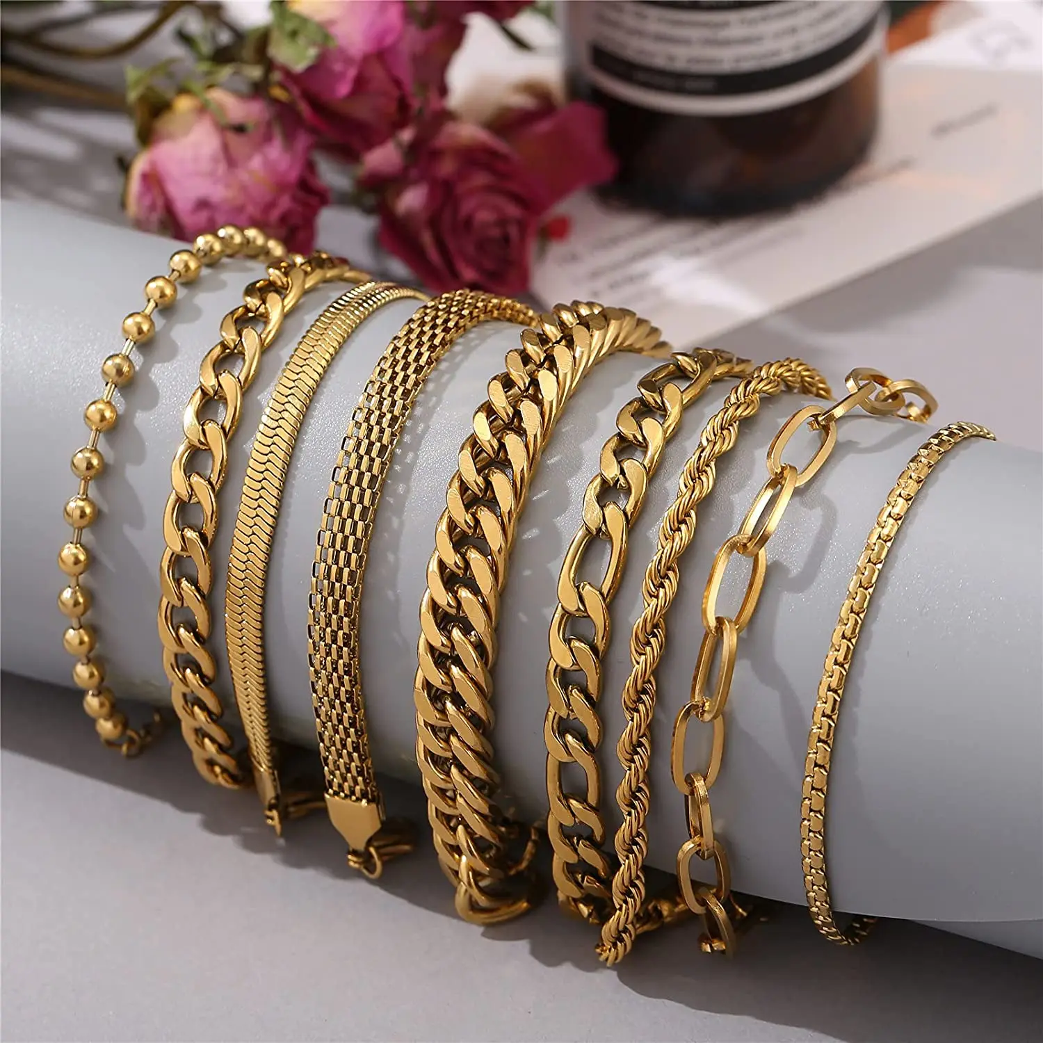 USENSET 9 Pcs / Lot Stainless Steel Chain Bracelet Set Unisex Fashion Wrist Jewelry Cuban Link Adjustable Bracelet Gifts