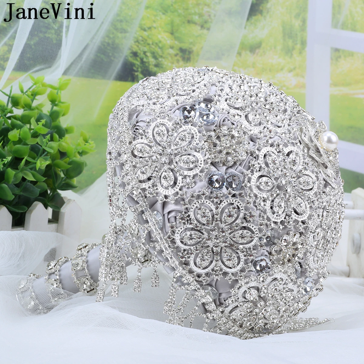 JaneVini Luxury Full Diamond Jeweled Silver Gray Bridal Bouquets Bling Crystal Artificial Satin Roses Bride Wedding Accessories