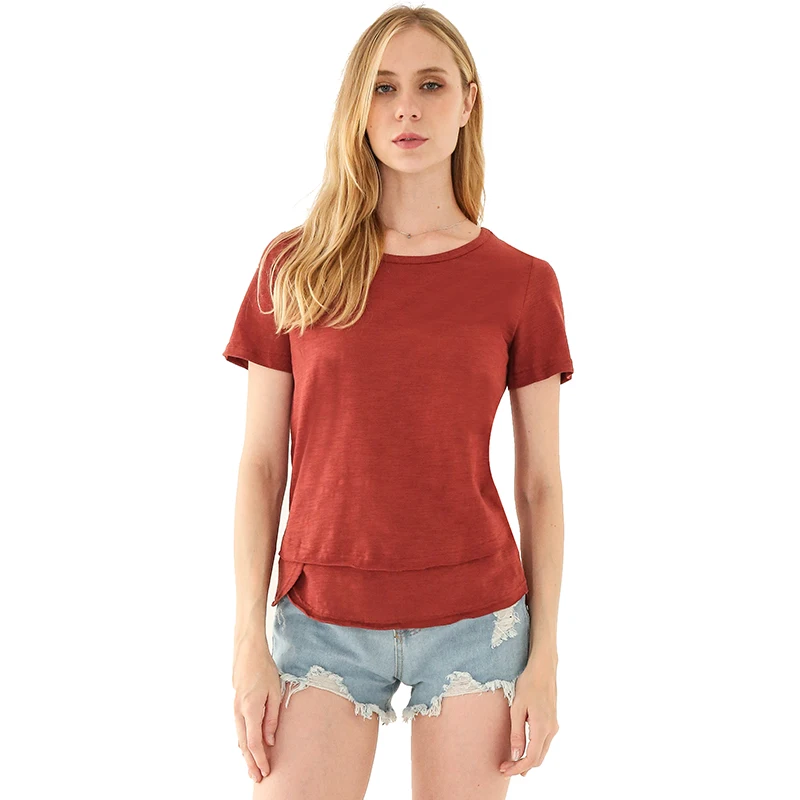 

100% Cotton Women's Short Sleeve T-shirts Summer New Ruffle Double Hem Ladies Tee Shirts Casual Tops M30342