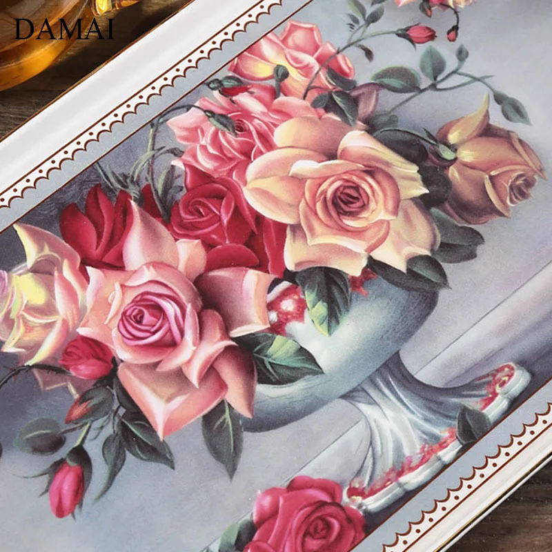 European Classical Ceramic Trays Decorative Painted Roses Rectangle Tea Set Storage Display Tray Afternoon Tea Dessert Plates